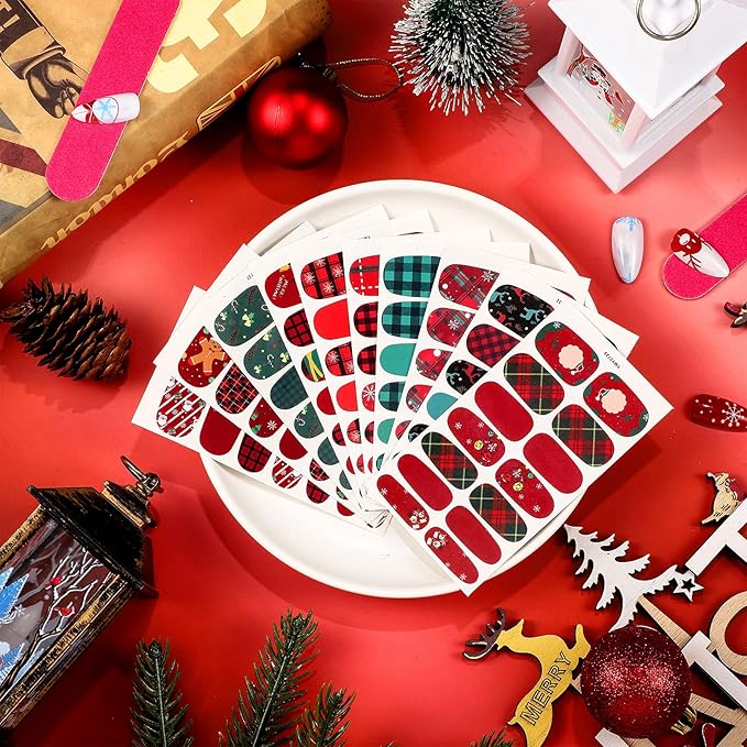 140 Pcs 10 Sheets Christmas Full Wrap Nail Stickers Polish Strips Plaid Gradient Stickers Glitter Self Adhesive DIY Art Decals Strips with 2 Pcs Nail Files for Xmas Decor (Plaid Style)