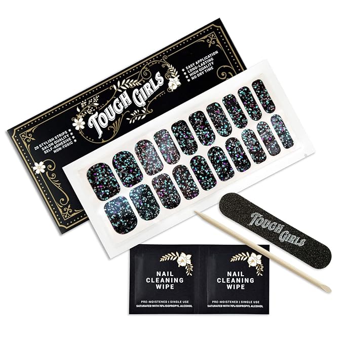 | 20 Exquisite Gel Nail Polish Strips w/Application Accessories - No UV/LED Lamp Required (Black & Sparkles)