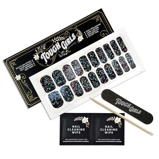 | 20 Exquisite Gel Nail Polish Strips w/Application Accessories - No UV/LED Lamp Required (Black & Sparkles)