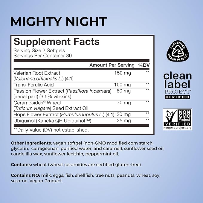 HUM Mighty Night Nighttime Sleep Supplement for Skin Care, CoQ10, Valerian Root & Ferulic Acid to Support Cell Turnover, Skin Vitamins for Women and Men, Overnight Beauty Vitamins, 60 Vegan Softgels
