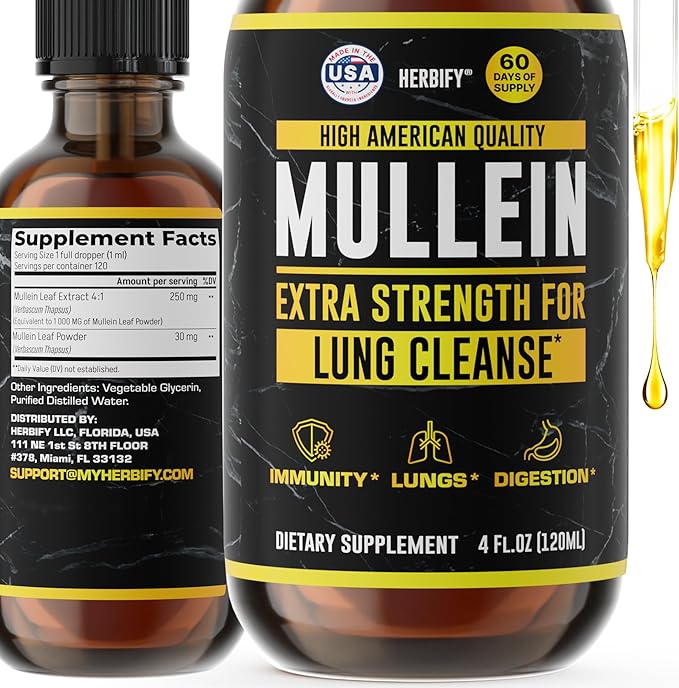HERBIFY Mullein Drops - Lung Cleanse - Leaf Extract - Powerful Mullein for Immune Support,Detox & Respiratory Support - Made in USA - Lung Cleanse for Smokers - 4 Oz