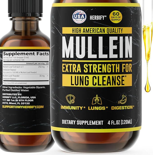 HERBIFY Mullein Drops - Lung Cleanse - Leaf Extract - Powerful Mullein for Immune Support,Detox & Respiratory Support - Made in USA - Lung Cleanse for Smokers - 4 Oz
