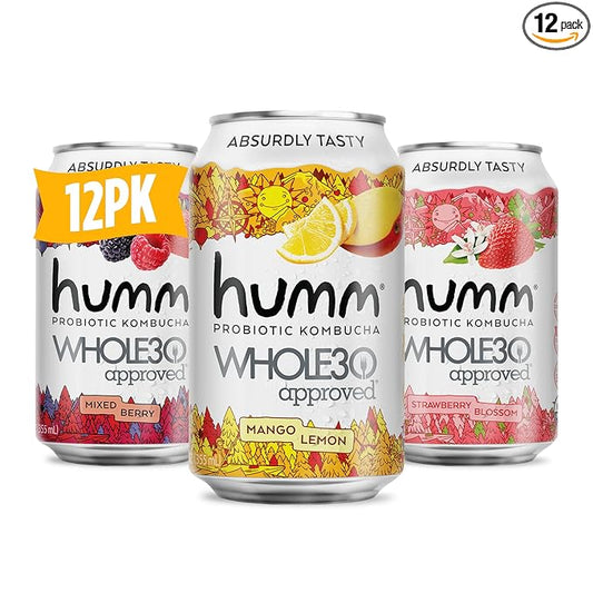 Humm Whole30 Approved Kombucha Variety Pack, Mango Lemon, Mixed Berry, Strawberry Blossom, Organic, Vegan & GMO Free (12 Pack)