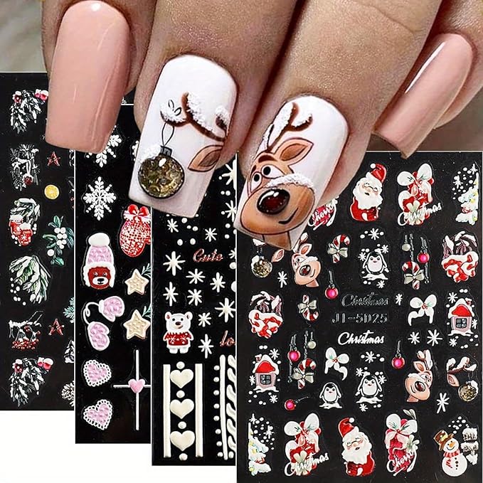 8 Sheets 5D Christmas Nail Art Stickers Self-Adhesive Embossed Cute Santa Claus Reindeer Xmas Tree Designs Cartoon DIY Xmas Nail Art Stickers Decals Christmas Nail Supplies for Women Nails Art Decor