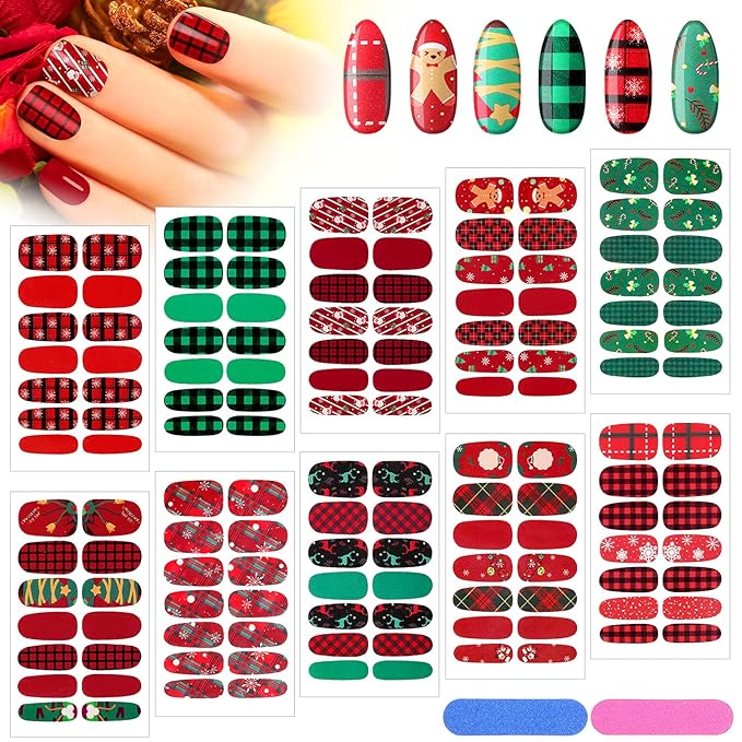 140 Pcs 10 Sheets Christmas Full Wrap Nail Stickers Polish Strips Plaid Gradient Stickers Glitter Self Adhesive DIY Art Decals Strips with 2 Pcs Nail Files for Xmas Decor (Plaid Style)