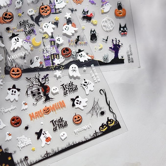 1Sheet Embossed 5D Halloween Nail Stickers Cute Ghost Pumpkin Nail Decals Self-Adhesive Halloween Spider Web Bats Nail Supplies Pegatinas Uñas Spider Nails Design for Women DIY Manicure Decoration
