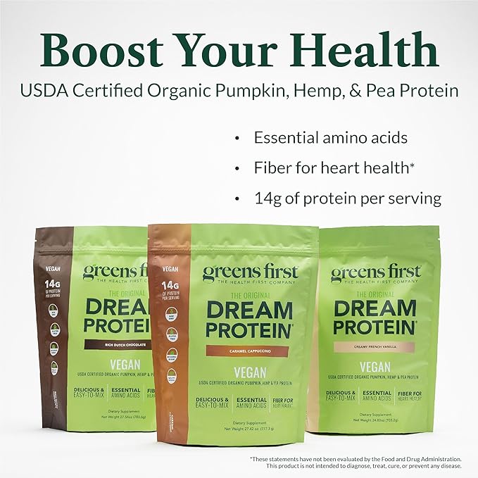 Greens First Dream Protein Plant-Based Vegan Powder - USDA Organic Pumpkin, Hemp & Pea Protein - Gluten-Free, Non-GMO, No Added Sugar (Caramel Cappuccino, 27.42 oz)
