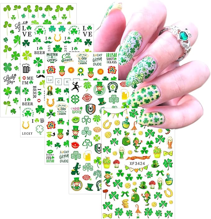 St Patricks Day Nail Stickers Green Shamrock Nail Stickers 3D Self-Adhesive Luck of The Irish Nail Decals Leprechaun Shamrock Nail Decals Deisgn Holiday Nail Stickers for Women Nail Art 10sheets