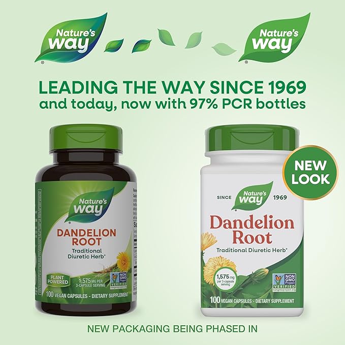 Nature's Way Dandelion Root, Traditional Diuretic Herb*, Vegan Dandelion Root Capsules, 100 Count (Packaging May Vary)
