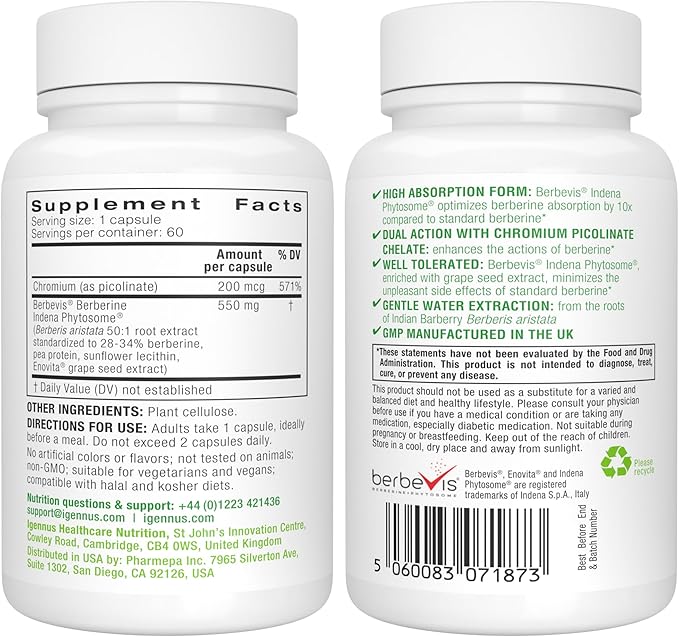 Igennus Dual Action Berberine Phytosome 550mg & Chromium Picolinate, 10x Absorption, Blood Glucose Control, Standardized Berberis Extract Supplement, Clean Label, Vegan, 60 Capsules
