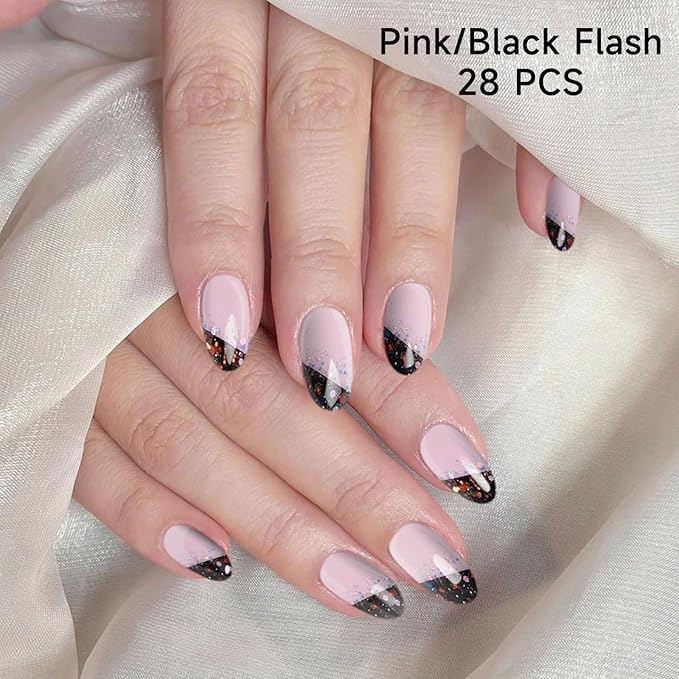 Semi Cured Gel Nail Strips | 28 pcs Black French Gel Nail Stickers Work with Any UV Lamps, Long Lasting Nails Wraps for Women DIY Nails Art