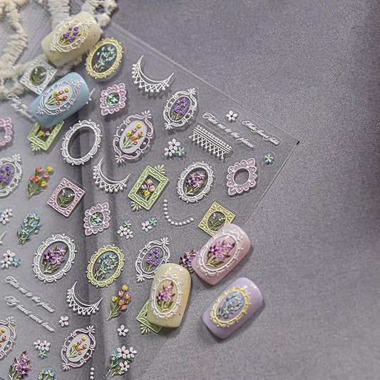 1 Sheets 5D Retro Flower Nail Art Stickers Spring Summer Floral Nail Decals Embossed Picture Frame Tulip Nail Design Supplies Colorful Daisy Nail Stickers for Women DIY Acrylic Nail Accessories