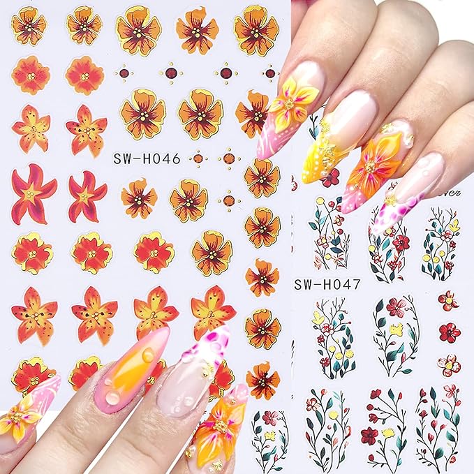 Colorful Flowers Nail Art Stickers 3D Orange Flower Nail Decals with Gold Edge Designs Nail Stickers Self-Adhesive Wildflowers Leaf Nail Decal Cute Floral Leaves Nail Sticker for Women Nails Decor
