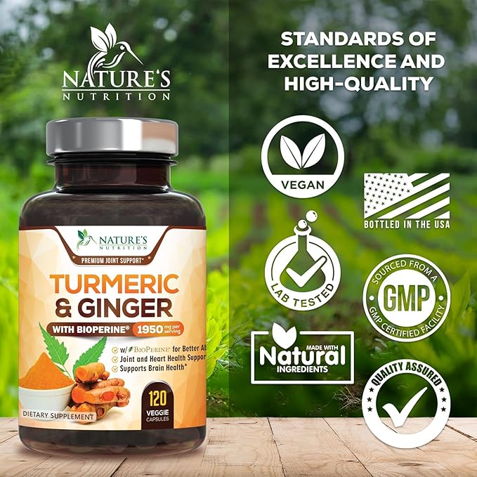 Turmeric Curcumin Supplement 1950mg - 95% Curcuminoids with Organic Turmeric & Ginger, BioPerine Black Pepper for Best Absorption, Nature's Vegan Joint Support, Non-GMO, Bottled in USA - 120 Capsules