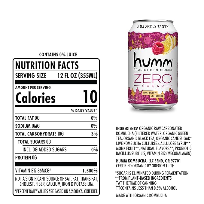 Humm Probiotic Kombucha Zero Sugar Raspberry Lemonade, No Refrigeration Needed, Keto Friendly, Organic, Vegan, Gluten Free, 12oz Cans (16 Pack)