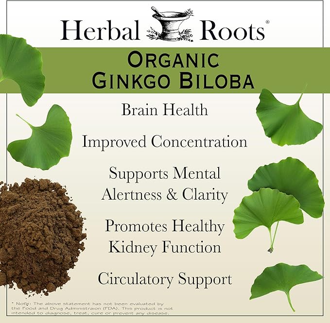 Herbal Roots Brain Health Duo, Organic Mushrooms and Organic Ginkgo Biloba, Powerful Boost for Brain Health, Non-GMO