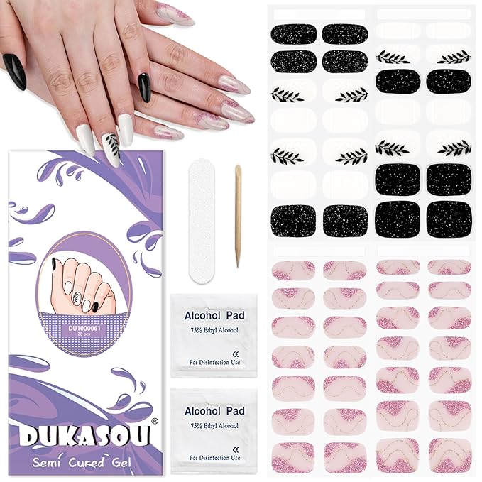 Semi Cured Gel Nail Strips 2 Set, (Black Leaves,Gilded Pink) 56 Pcs Gel Nail Wraps Stickers for Women DIY Gift, Works with Any UV Lamps,Long Lasting,Salon-Quality, Easy to Apply
