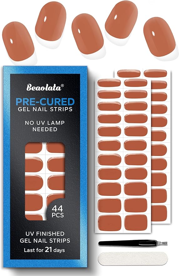 Pre Cured Gel Nail Strips - 44PCS Salon Quality Gel Nail Stickers - Long Lasting Polish Wraps for Women no UV Light Needed Easy Apply& Remove (Walnut Brown)