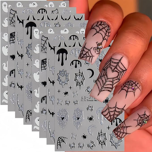 Spider Ghost Bat Spider Web Nail Art Stickers Decals 3D Self-Adhesive Glitter Halloween Nail Sticker Holiday Design Nail Decoration Supplies Charms for Women Acrylic DIY Nail Art Manicure 8 Sheets