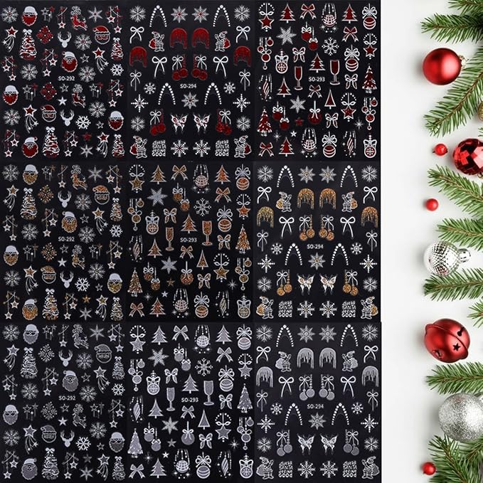 Christmas Nail Stickers Winter Nail Stickers for Nail Art 3D Self Adhesive Nail Decals Star Christmas Tree with Glitter Design Snowflake Nails Sticker for Women DIY Salon Manicure 9 Sheets