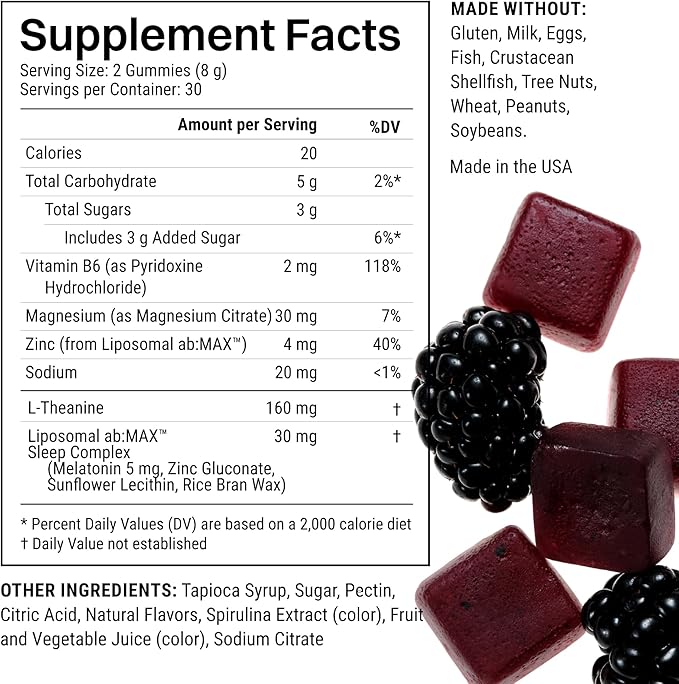 Liposomal Sleep Enhancing Gummies, 5 mg Melatonin, 160 mg L-Theanine, 30 mg Magnesium, 4mg Zinc, Improved Sleep, Stress Reducing, Calming Supplement - 30 Servings, BlackBerry Acai Flavor