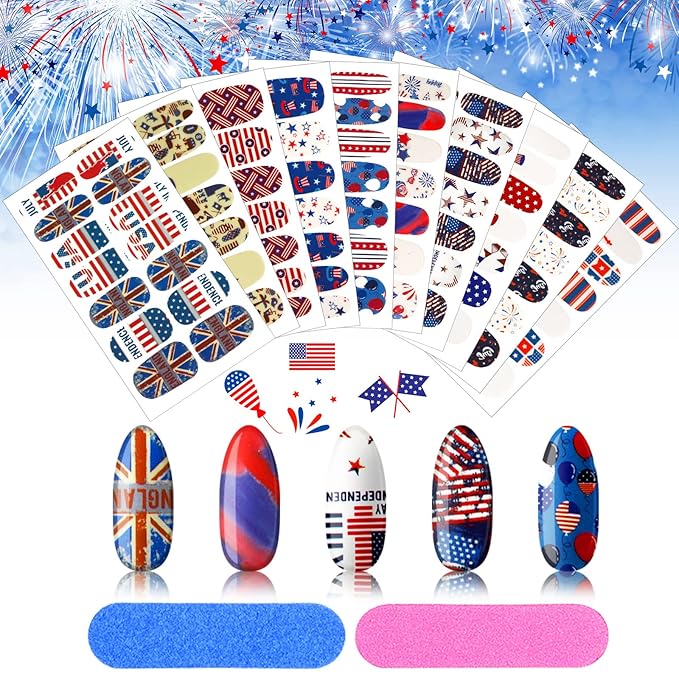 Maitys 140 Pcs 10 Sheets Patriotic Full Wrap Nail Stickers 4th of July Polish Strips Gradient Stickers Memorial Independence Day Glitter Self Adhesive DIY Art Strips with 2 Pcs Nail Files
