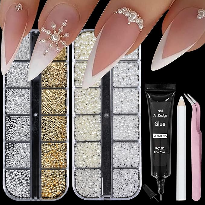 Nail Art Pearls with Nail Rhinestones Glue Gel Flatback Pearls Nail Charms Luxurious Nail Supplies Accessories Gold Silver Nail Gems Jewelry Pearls for Women Nail Design