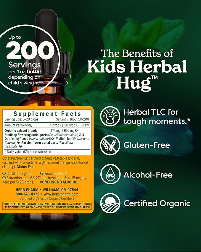 Herb Pharm Organic Kids Herbal Hug: Nervous System Support with Skullcap, Passionflower, Mullein & Oat Seed | Fast-Absorbing & Alcohol-Free, Kid-Friendly Taste, Extract for Kids, 1 oz*