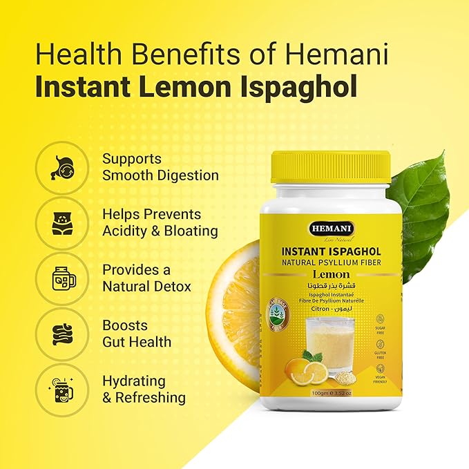 Hemani Instant Psyllium Husk Ispaghol 100g | Lemon Flavored On-The-Go Fiber Supplement | Supports Digestive Health | Add to Water for a Refreshing Drink