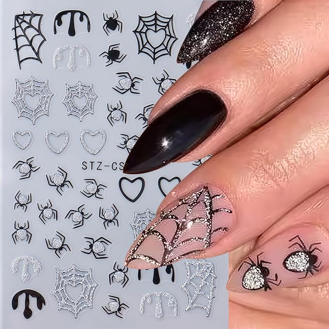 8 Sheets Halloween Nail Art Stickers 3D Self-Adhesive Shiny Gold White Silver Spider Web and Spider with Glitter Nail Art Design Sticker Festival Spiders Nail Stickers for DIY Manicure Decoration