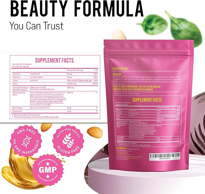 Collagen for Women – Hydrolyzed Multi Collagen Peptides Types I, II, III, V & X – Collagen Supplement with Vitamin C, Biotin & Hyaluronic Acid – Grass Fed, Non-GMO, 240 Capsules