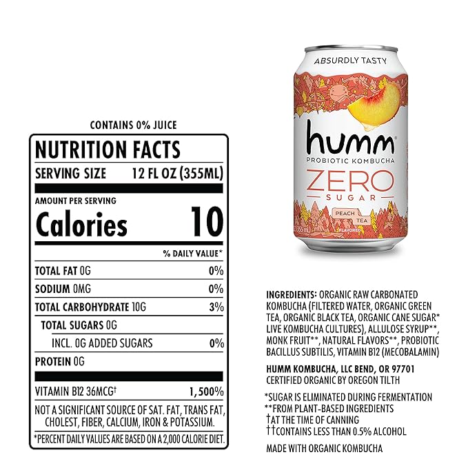 Humm Probiotic Kombucha Zero Sugar Peach Tea, No Refrigeration Needed, Keto Friendly, Organic, Vegan, Gluten Free, 12oz Cans (8 Pack)