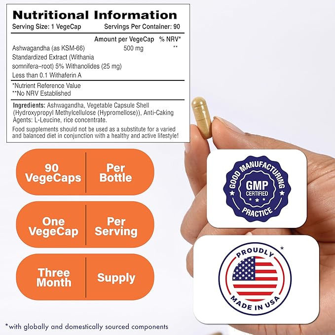Health Thru Nutrition Ashwagandha 500mg KSM­66® 90 Capsules | Stress, Mood, Focus, & Energy | Clinically Proven and Organic Root-Only Whitania Somnifera Extract | Non-GMO, Gluten & Soy Free