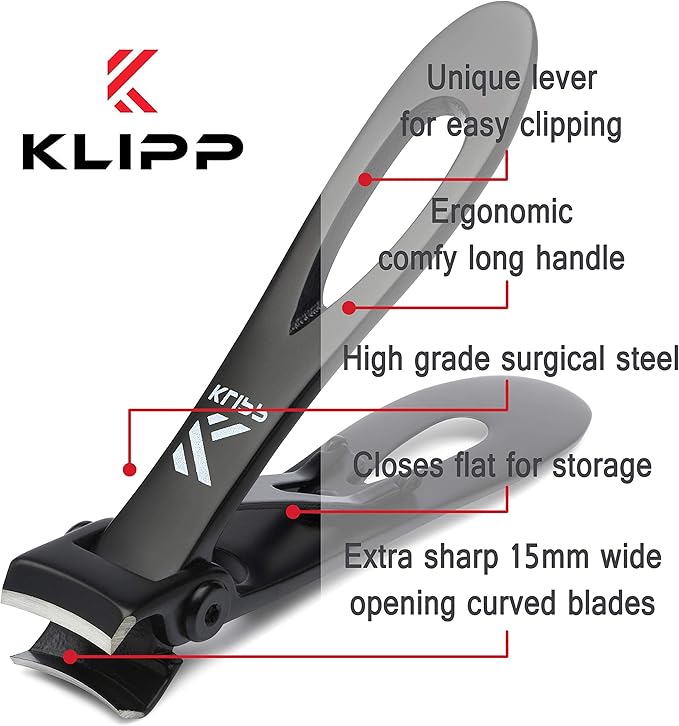 Toenail Clippers for Thick Toenails – KLIPP 15 mm Wide Jaw Thick Fingernail and Toenail Cutter with Curved Stainless-Steel Blades for Seniors – Podiatry Tool for Manicure Pedicure Toe Nail Care