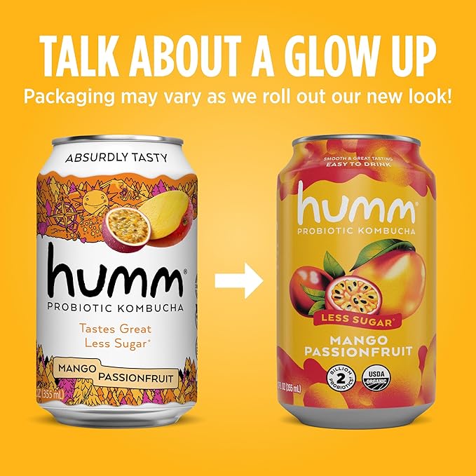 Humm Probiotic Kombucha The Original Variety 12 Pack, Organic, 2 Billion Probiotics for Gut Health, Mango Passionfruit, Blueberry Mint and Strawberry Lemonade