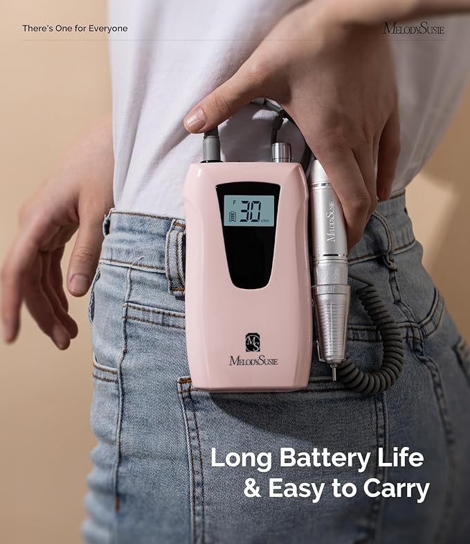 MelodySusie Professional Nail Drill 30000RPM, SC320D Rechargeable Electric Nail Drill Machine, Cordless Nail E File for Acrylic Gel Nails, 8pcs Nail Bits 50pcs Sanding Bands, Selene Pink