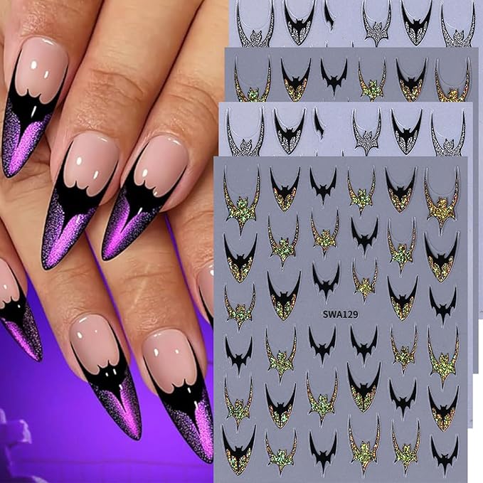 Bat Nail Stickers Halloween Glitter Nail Decals 4PCS 3D Self-Adhesive Silver Golden Bat Design Holiday Accessories Slider Halloween Nail Art Supplies for Women Nail Decorations Charms French Manicure