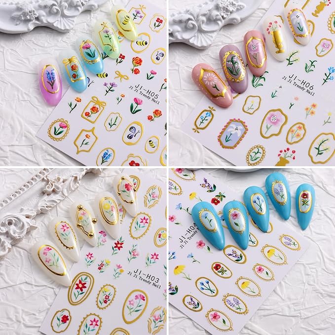 Colorful Flowers Nail Art Stickers 3D Self-Adhesive Cute Flower Nail Decals with Gold Edge Designs Nail Stickers Photo Frame Floral Leaf Nail decal Butterfly Bee Nail Sticker for Women DIY Nails Decor