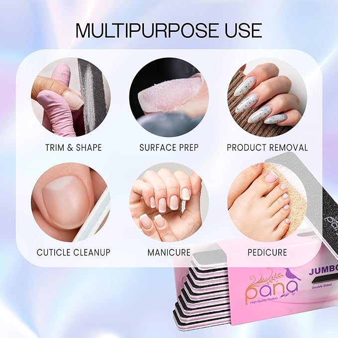 10pcs - PANA Jumbo Double-Sided Emery Nail File for Manicure, Pedicure, Natural, and Acrylic Nails - Black (Grit 80/80)