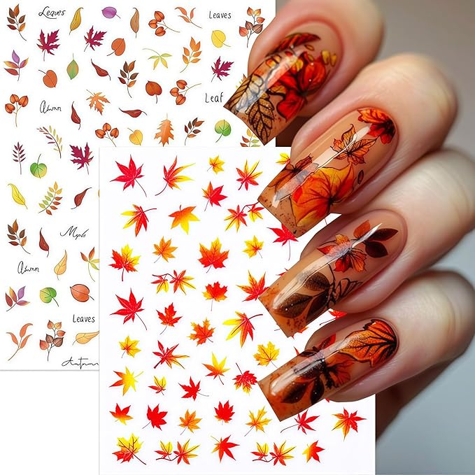 Autumn Nail Art Stickers Fall Maple Leaves Nail Stickers 3D Self-Adhesive Autumn Leaves Nail Sticker Leaf Nails Decals for Women Acrylic Nails Maple Leaf Thanksgiving Holiday Decorations