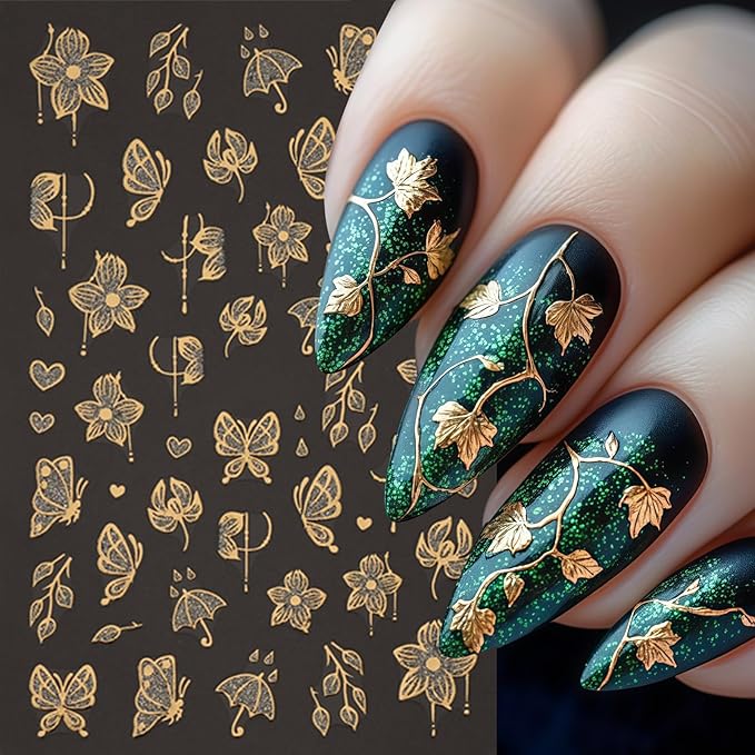 8 Sheets Fall Nail Art Stickers Maple Leaf Nail Decals 3D Self-Adhesive Glitter Gold Flower French Butterfly Nail Design Nail Supplies Thanksgiving Holiday Nail Art Decoration for Women Manicure Tips