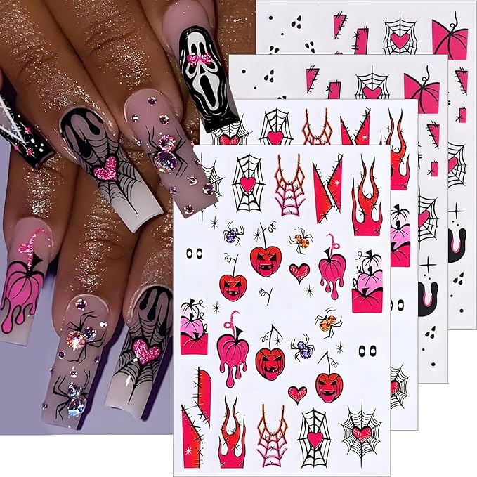 Halloween Nail Art Stickers, Spider Web Nail Art Decals 3D Self-Adhesive Pumpkin Cute Pink Heart Spider Web Nail Design 4Pcs Halloween Nail Art Supplies for Women Nail Decoration