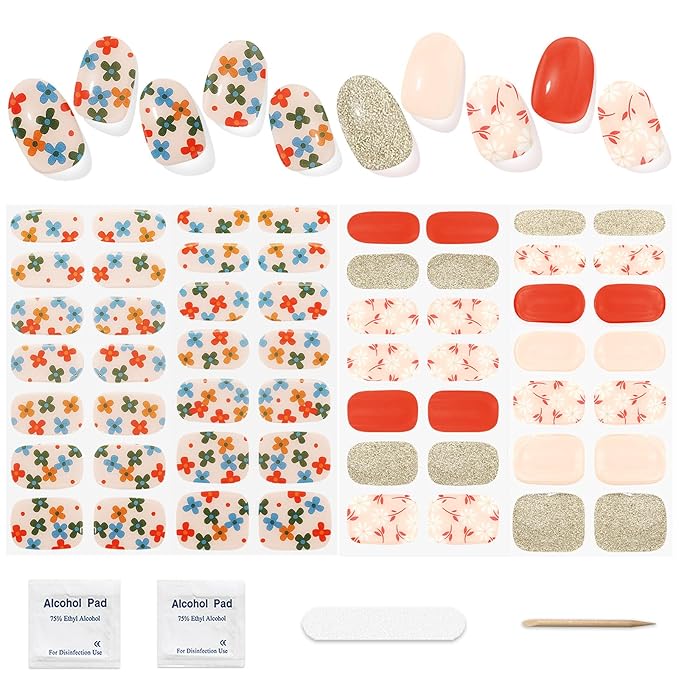 Semi Cured Gel Nail Strips 2 Set, (Glitter,Five Flower) 56 Pcs Gel Nail Wraps,Stickers Works with Any UV/LED Lamps,Long Lasting,Salon-Quality, Easy to Apply