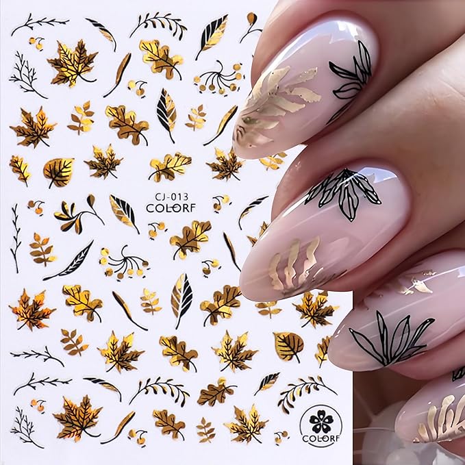 Fall Maple Leaves Nail Art Stickers for Thanksgiving, Gold Maple Leaves Nail Decals 3D Self-Adhesive with Flowers Butterfly Design 6Pcs Laser Gold Glitter Nail Art Supplies for Women Nail Decoration