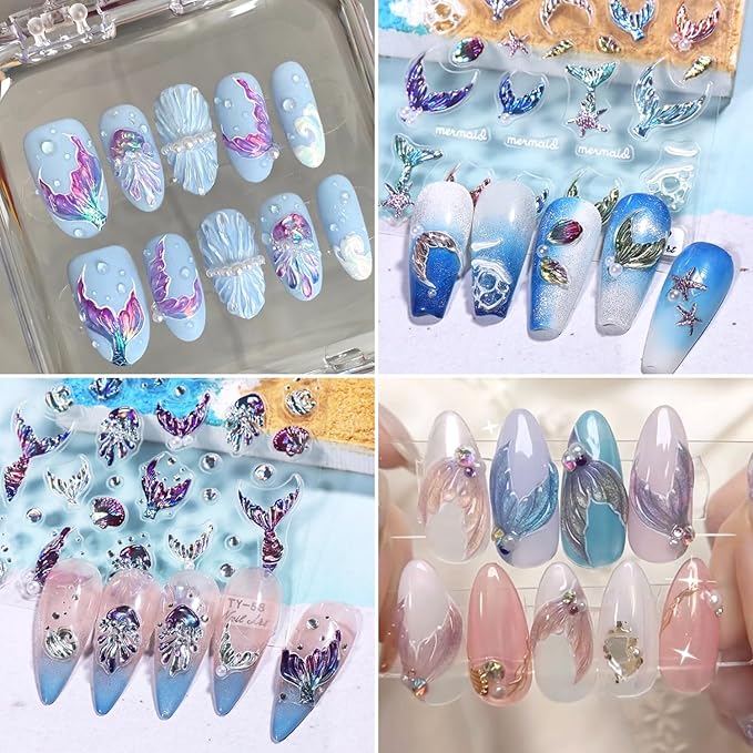 Colorful Mermaid Tail Nail Art Stickers 5D Embossed Ocean Fish Tail Nail Decals with Pearl Design Nail Sticker Self-Adhesive Seashell Starfish Nail Decal Summer Sea Nails Supply for Women Nails Decor