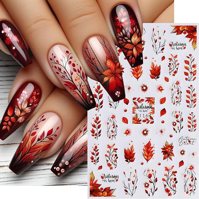 Fall Nail Art Stickers Decals 3D Autumn Maple Leaf Nail Stickers Self-Adhesive Nail Art Supplies 6PCS Autumn Leaves Deer Fall Nails Design Manicure Sliders for Women Thanksgiving Day Nail Decorations