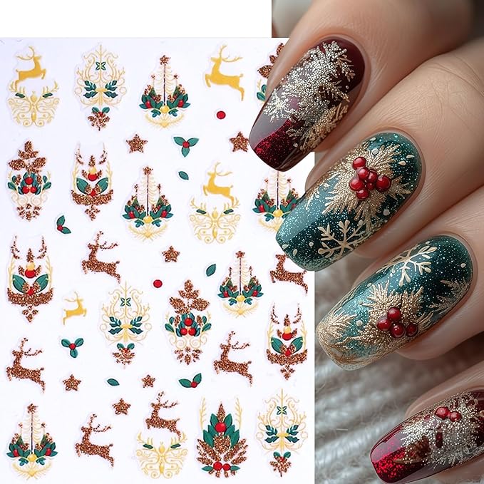 6 Sheets Christmas Bell Holly Leaf Nail Art Stickers 3D Clock Glitter Firework Design Nail Decals Xmas Tree Bow Nail Design Santa Claus Elk Nail Supplies for New Year Holiday Nail Art Decorations