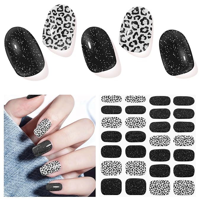 Semi Cured Gel Nail Strips,28 pcs Gel Nail Stickers, Work with Any UV Lights, Long-Lasting, NailWraps for Women DIY Gift, Easy to Apply & Remove