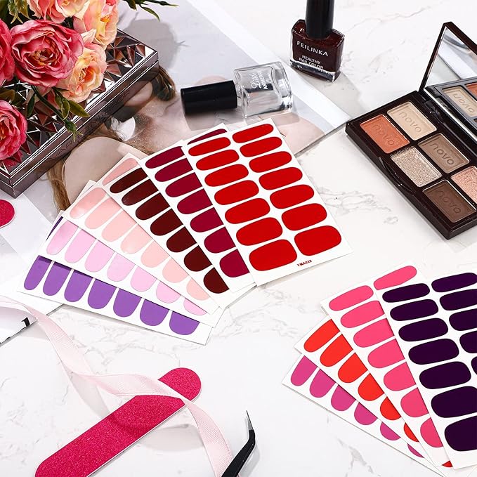 140 Pcs 10 Sheets Solid Color Full Wrap Nail Stickers Polish Strips Gradient Stickers Glitter Self Adhesive DIY Art Decals Strips with 2 Pcs Nail Files for Holiday Decor (Matte Style)