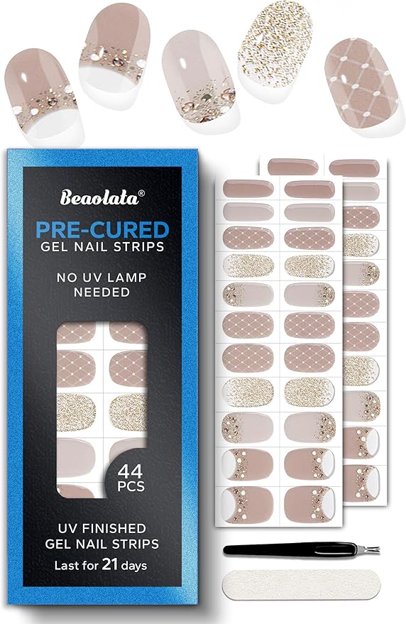 Pre Cured Gel Nail Strips - 44PCS Salon Quality Gel Nail Stickers - Long Lasting Polish Wraps for Women no UV Light Needed Easy Apply& Remove (Beige Nude）